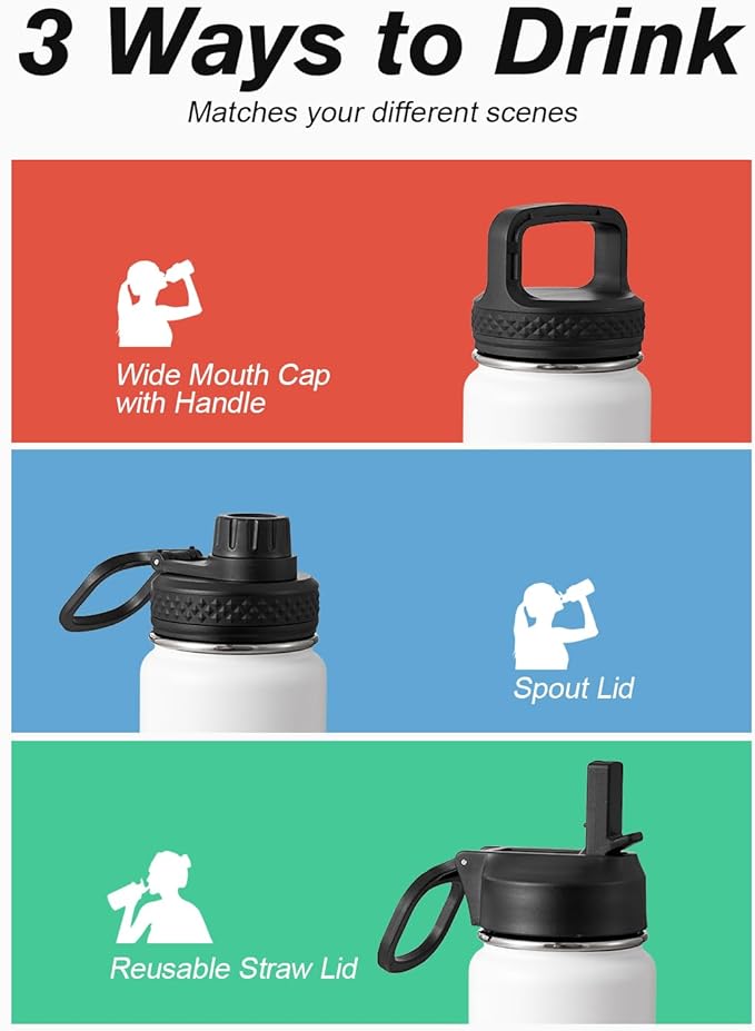 Coolflask Water Bottle 24 oz Insulated with Straw, Stainless Steel Metal 3 Lids Water Flask Wide Mouth for Sports or Office, Non-BPA Keep Cold Up to 48 Hrs or Hot Up to 24 Hrs, White & Black