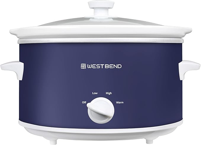 West Bend Slow Cooker 4-Quart Manual Crockery Style with Dishwasher Safe Oval Ceramic Crockpot and Glass Lid Two Temperature Settings Plus Keep Warm, 210-Watts, Navy