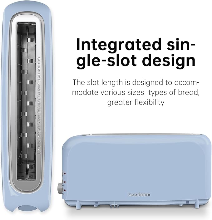 SEEDEEM 2 Slice Slim Toaster, Single 10" Long Slot Toaster Fits Bagels & Artisan Bread, 6 Shade Settings, Cancel/Reheat/Defrost, Removable Crumb Tray, Auto Shut-Off, Blue