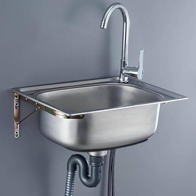 Commercial Sink Hand Washing Basin, Wall-Mounted Kitchen Stainless Steel Sink, Single Bowl Stainless Steel Sink, with Drainer Unit And Tap, for Bar Cafe Restaurant K,52x38cm-Single cold water f