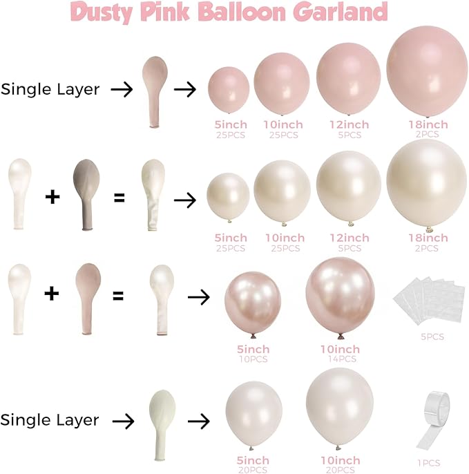 Boho Dusty Pink Balloon Arch Garland Kit 153pcs, Double Stuffed White Pearl Balloon Blush Neutral Pink Balloons Arch Kit for Birthday Wedding Bridal Baby Shower Gender Reveal Party Decoration