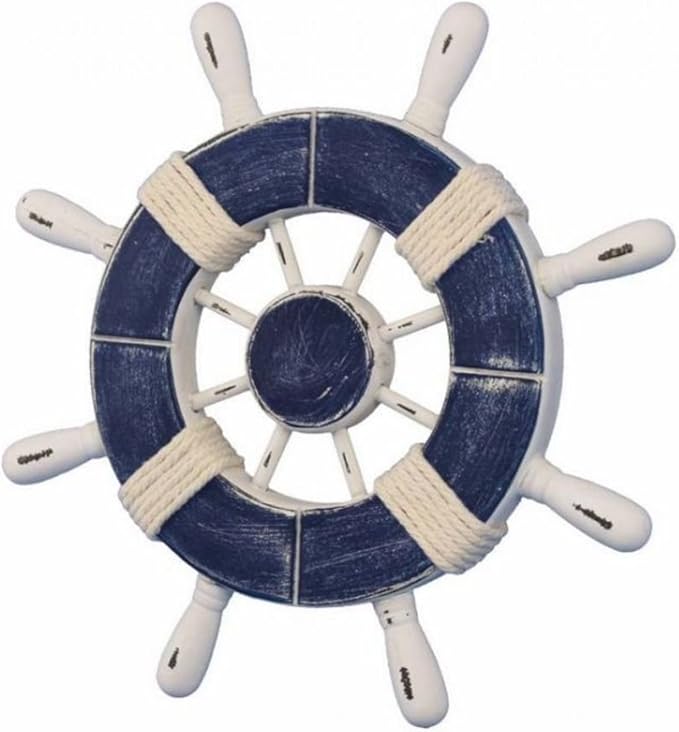 Hampton Nautical Wheel-9-108 Rustic Decorative Ship Wheel, 9", Dark Blue/White