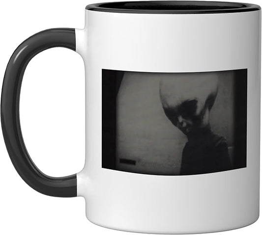 Skinny Bob Alien 1961 KGB Video Real Alien Grey Ceramic Mug, Black/White
