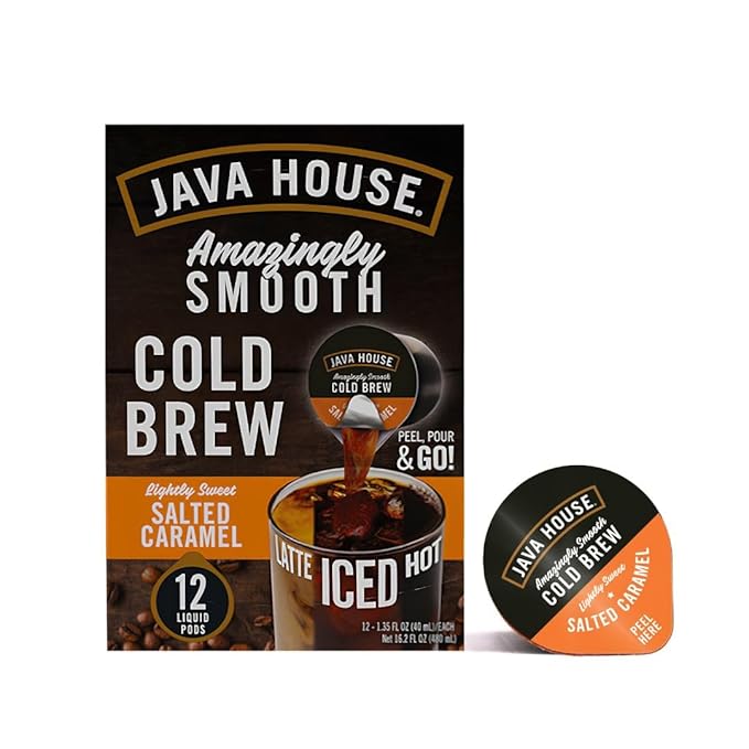 JAVA HOUSE Lightly Sweet Salted Caramel Cold Brew Capsules, 1.35 Fluid Ounces (12 Count) Peel and Pour, TSA Approved, Travel Friendly Cold Brew, Hot or Iced, Instant Coffee Concentrate