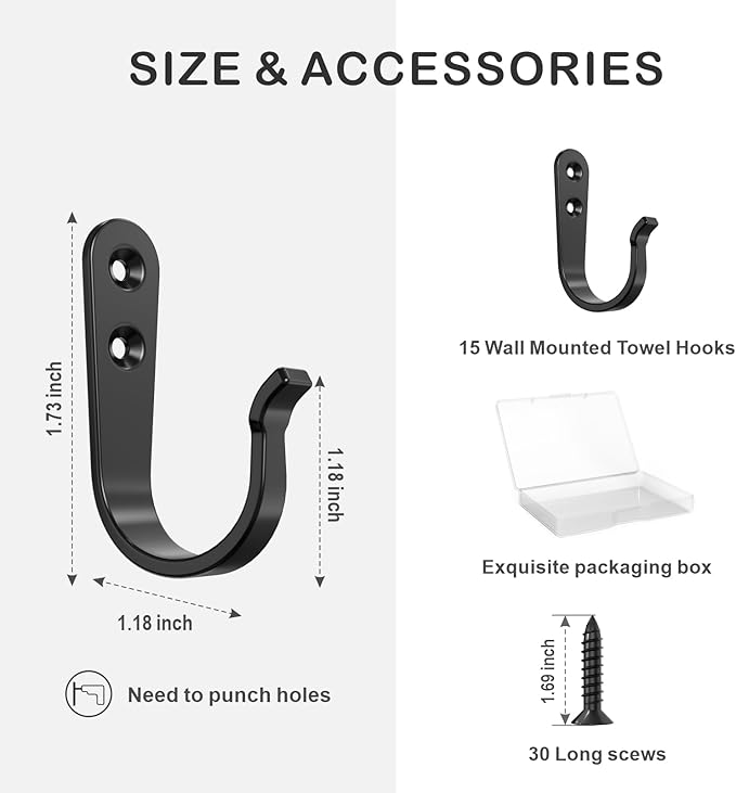 BREYDROK 15PCS Wall Hooks for Hanging - Heavy Duty Coat Hooks for Wall, Coats, Backpacks - Black Metal Hooks for Hanging Wall - Wall Mounted Clothes Hooks for Hats, Towels, Clothing