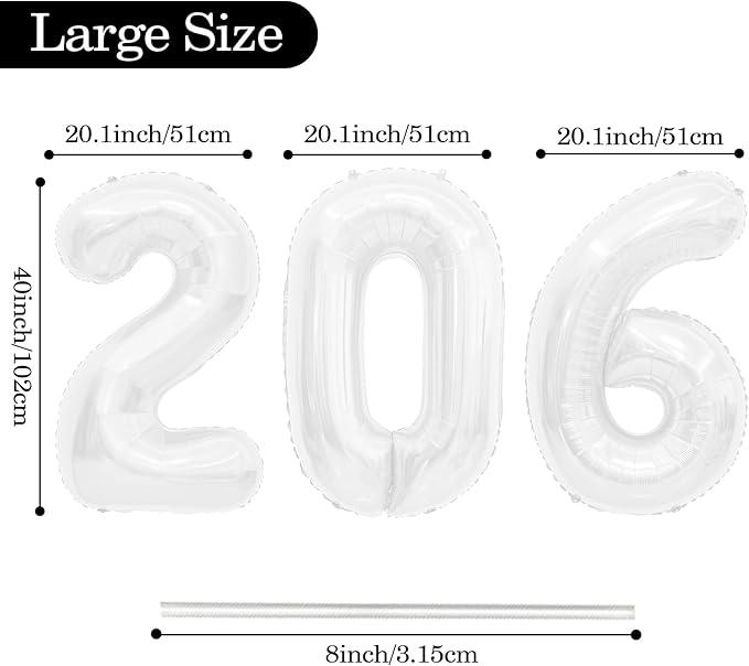 White 2026 Balloons, 2026 Number Balloons, 40 Inch Large Foil Graduation Balloon 2026 Numbers for Graduation Decorations Class of 2026, Props, Birthday, Anniversary, New Year Eve Party Decoration
