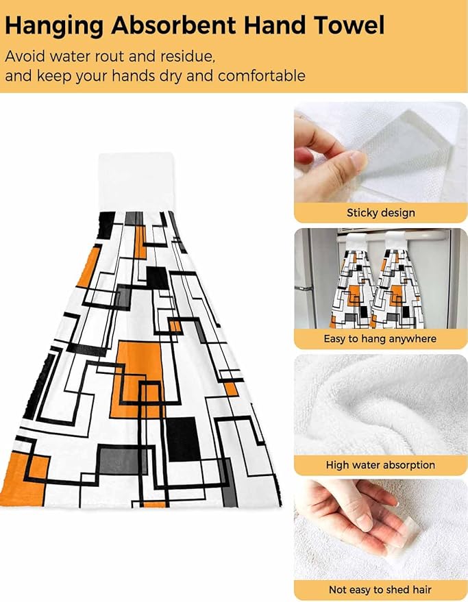 Alandar Home Kitchen Tie Towel Set of 2, Orange Black Geometric Lines Art Absorbent Soft Hand Towels for Bathroom Hanging Towels, Abstract Color Block Fast Drying Cleaning Cloth with Loop