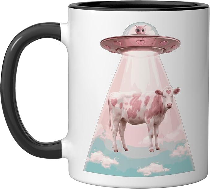Funy Pink Heart Cow Alien Abduction UFO Space Nerd Ceramic Mug, Black/White