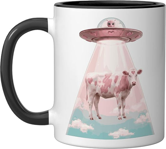 Funy Pink Heart Cow Alien Abduction UFO Space Nerd Ceramic Mug, Black/White