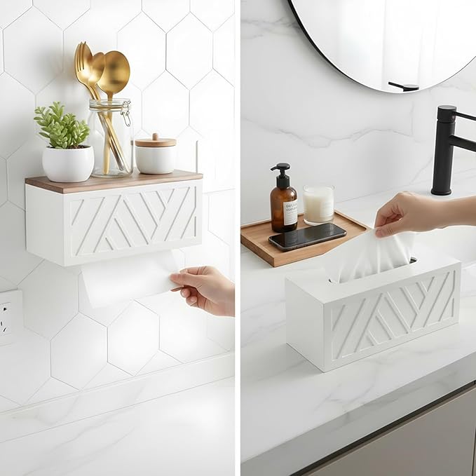 Paper Towel Dispenser Wall Mount Paper Towel Holder with Lid Solid Wood Commercial C-Fold, Z-Fold Hand Papers Towels Holder Dispenser Hand Towels Holders for Bathroom Kitchen Office Decor (White)