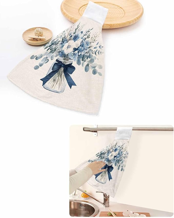 Alandar Home Kitchen Tie Towel Set of 1, Blue Eucalyptus Leaves Vase on Linen Absorbent Soft Hand Towels for Bathroom Hanging Towels, Spring Flower Leaf Fast Drying Cleaning Cloth with Loop