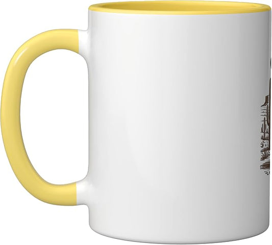 Retro Cowboy Cat UFO Desert Western Feline Art Ceramic Mug, Yellow/White