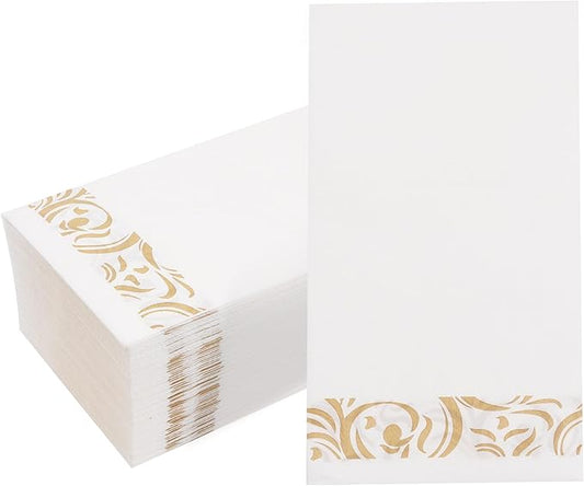 Paper Napkins Disposable Decorative Paper Hand Towels for Bathroom Dinner Napkins Soft Absorbent Bathroom Napkins Guest for Wedding Kitchen Party Birthday Thanksgiving Events, Gold and White, 50 Pack