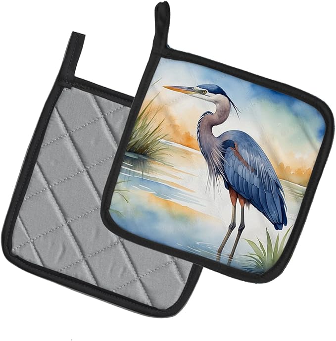 Caroline's Treasures Blue Heron Emerging as The Day Fades Pair of Pot Holders Kitchen Heat Resistant Pot Holders Sets Oven Hot Pads for Cooking Baking BBQ, 7 1/2 x 7 1/2