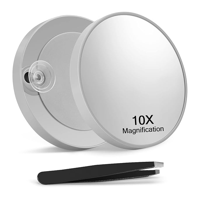 Macaki 10X Magnifying Mirror with 2 Suction Cups, 3.5 inches Magnified Makeup Mirror and Slant Tweezers,Grey,1PC