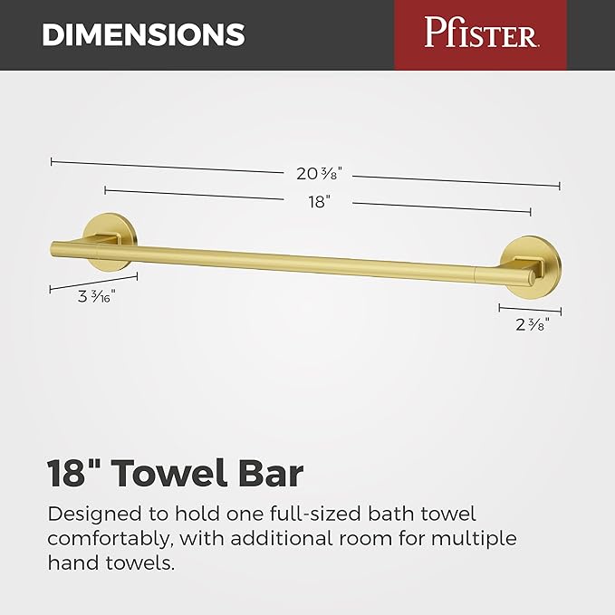 Pfister Capistrano Bath Towel Bar for Bathroom, 18-Inch, Wall-Mounted, Screw-in, Brushed Gold Finish, BTBCSO1BG