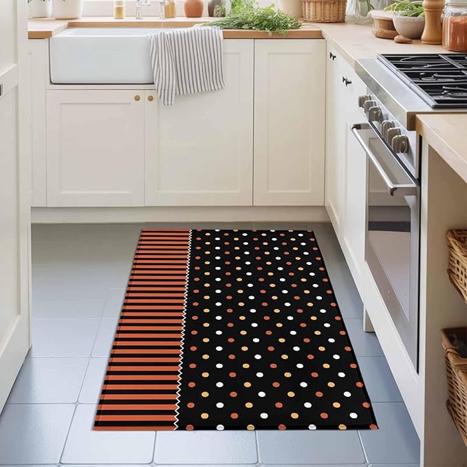 Area Rug 2x3ft, Halloween Polka Dots Orange Stripes Washable Rugs for Living Room Bedroom, Seamless Dot on Black Soft Non-Slip Area Rugs Rectangle Floor Carpet for Dining Room