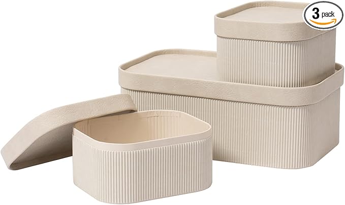 LA JOLIE MUSE Fluted Cardboard Storage Baskets with Leather-Like Lids, Sturdy Stackable Paper Boxes Decorative Tray, Light Grey, Set of 3