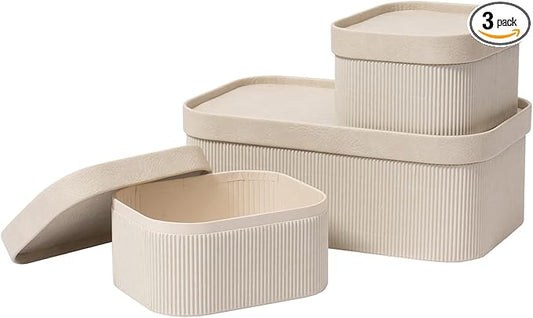 LA JOLIE MUSE Fluted Cardboard Storage Baskets with Leather-Like Lids, Sturdy Stackable Paper Boxes Decorative Tray, Light Grey, Set of 3