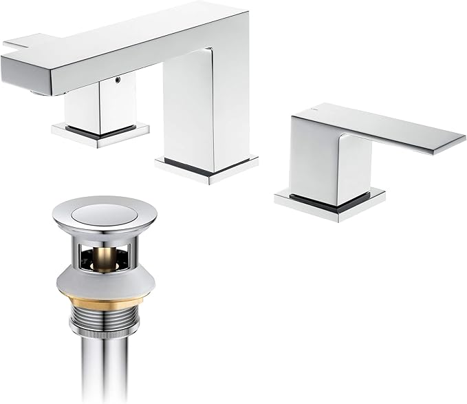 KIBI 2-Handle Cube Bathroom Sink Faucet with Drain Assembly | 3-Hole Installation, Solid Brass Construction | 8-Inch Wide Spread Lavatory Faucet | Chrome Finish, KBF1024