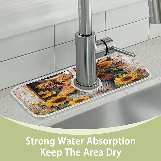 Rustic Highland Cow Kitchen Faucet Mat Super Absorbent Dish Drying Mat Splash Guard Behind Faucet Drip Catcher for Kitchen Bathroom Sink Cafe Bar Faucet Decor