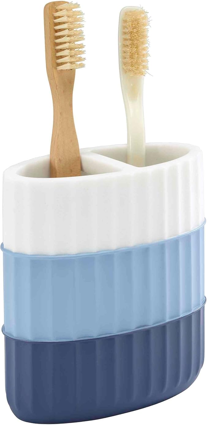 Izod - Bathroom Set, 4pc Countertop Accessories, Tumbler, Toothbrush Holder, Soap Dish & Lotion Pump, Striped Resin Decor, Dorm Room Essentials (Clubhouse Collection, Blue)