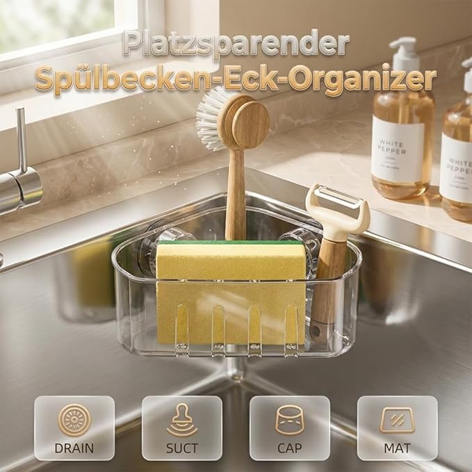 2026 New Sponge Holder for Kitchen Sink, Sink Sponge Caddy Organizer with Suction Cups, Kitchen Storage Rack Organizer Accessories for Dish Brush, Scrubber (Square)(Triangle*2)