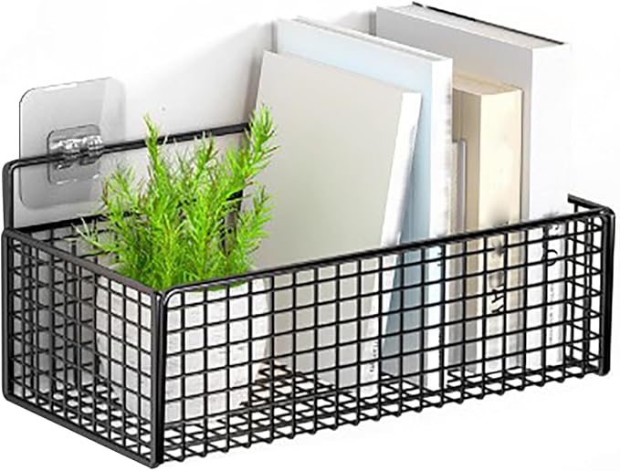 Hanging Wall Basket, Wall Storage Basket for Organizing No Drilling Carbon Steel for Bathroom Living Room Bedroom Kitchen 10.6x5.9x3.5in Black