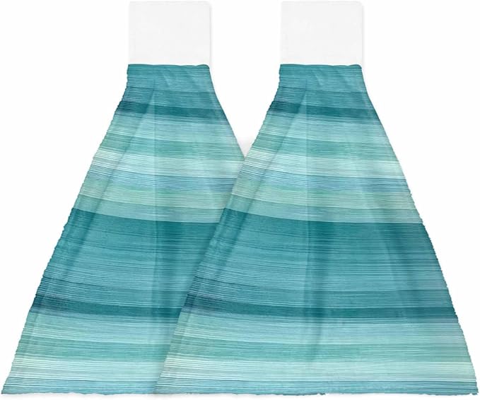 Alandar Home Kitchen Tie Towel Set of 2, Modern Cyan Green Gradient Stripes Absorbent Soft Hand Towels for Bathroom Hanging Towels, Abstract Lines Fast Drying Cleaning Cloth with Loop