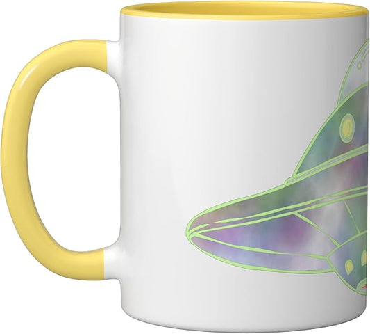 UFO UAP Flying Saucer Alien Spaceship Ceramic Mug, Yellow/White
