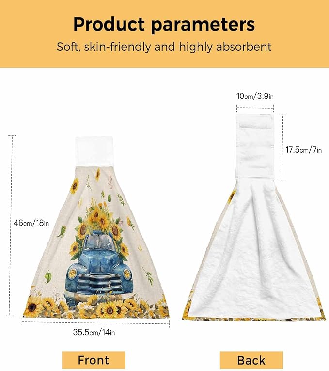 Alandar Home Kitchen Tie Towel Set of 2, Spring Farm Sunflower Blue Truck Absorbent Soft Hand Towels for Bathroom Hanging Towels, Blossom Floral on Linen Fast Drying Cleaning Cloth with Loop