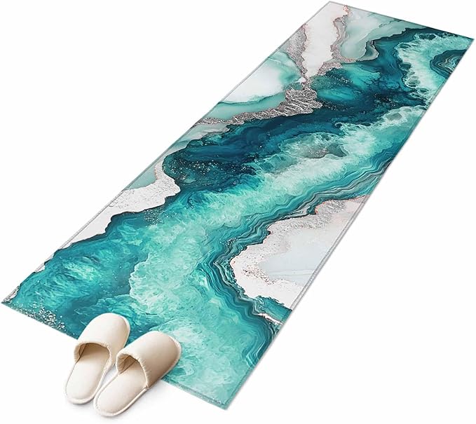 Runner Rug for Bedroom Hallway, Abstract Blue Marble Texture Kitchen Runner Rugs Area Rug 2x6ft, Modern Luxury Pattern Washable Soft Floor Carpet for Entryway Stair