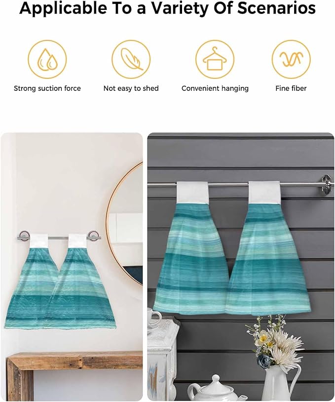 Alandar Home Kitchen Tie Towel Set of 1, Modern Cyan Green Gradient Stripes Absorbent Soft Hand Towels for Bathroom Hanging Towels, Abstract Lines Fast Drying Cleaning Cloth with Loop