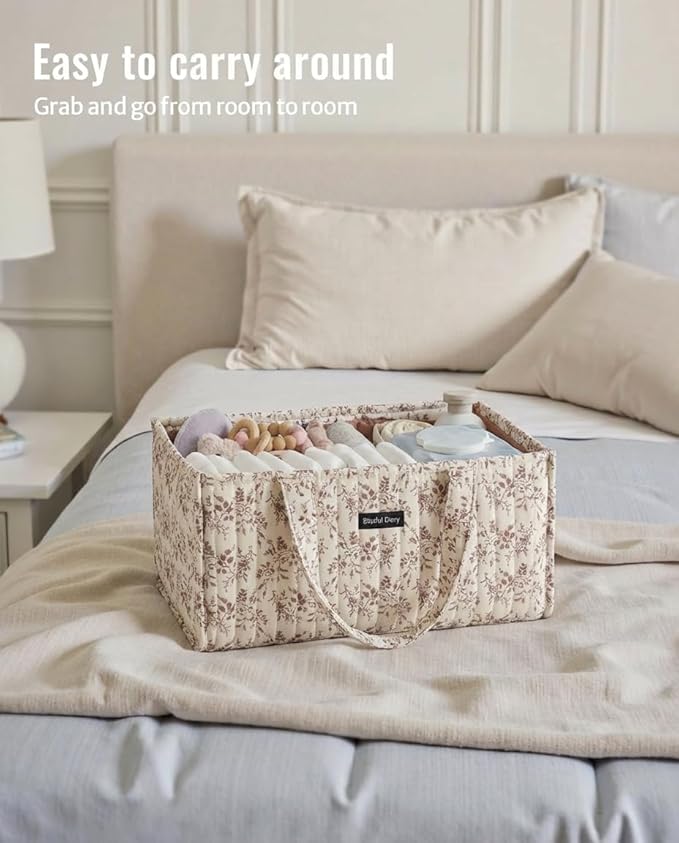 Quilted Fabric Storage Basket Floral Baby Diaper Caddy Quilted Basket Organizer for Newborn Nursery Bedroom Car Storage