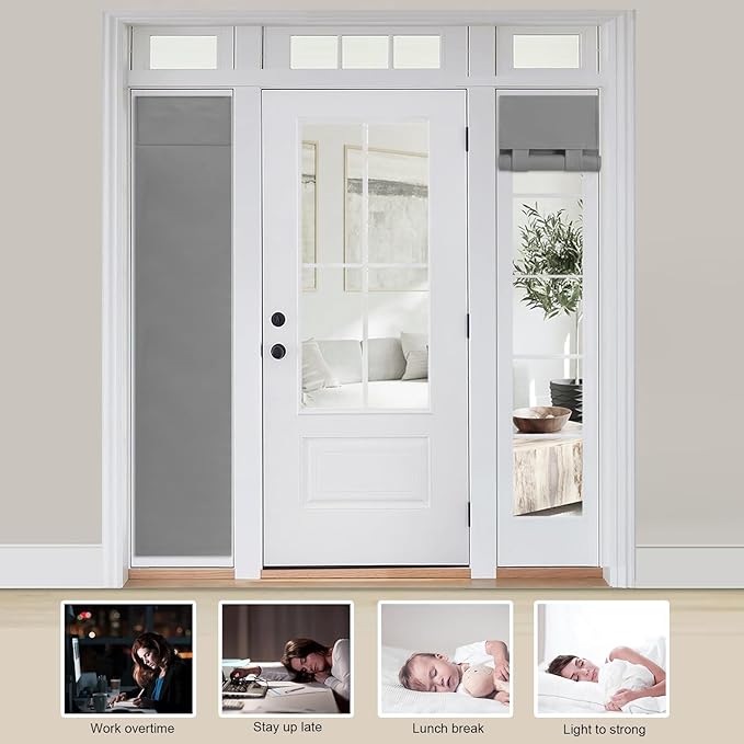 WdFour Solid Color Room Darkening Side Door Curtain - 12W x 80L Inches Light Gray Window Covering for Glass Doors, 1 Panel with Tie-Up Shade, Light Filtering Sidelight Curtains for Entryway & Patio.