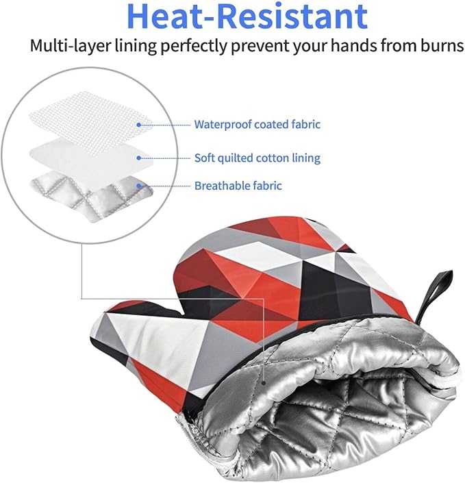 Red Black Gray Geometric Oven Mitts of 2-Pack Set, Funny Kitchen Gloves Heat Resistant Non-Slip Kitchen Mitts for Cooking Baking Grilling