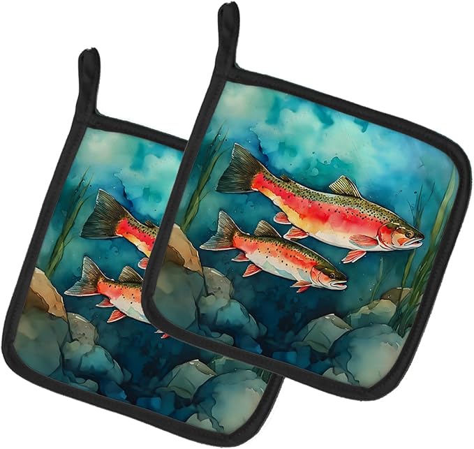 Caroline's Treasures Trout Pair of Pot Holders Kitchen Heat Resistant Pot Holders Sets Oven Hot Pads for Cooking Baking BBQ, 7 1/2 x 7 1/2