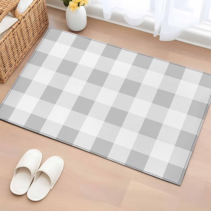 Area Rug 2x3ft, Light Grey White Plaid Washable Rugs for Living Room Bedroom, Farmhouse Decoration Buffalo Check Soft Non-Slip Area Rugs Rectangle Floor Carpet for Dining Room