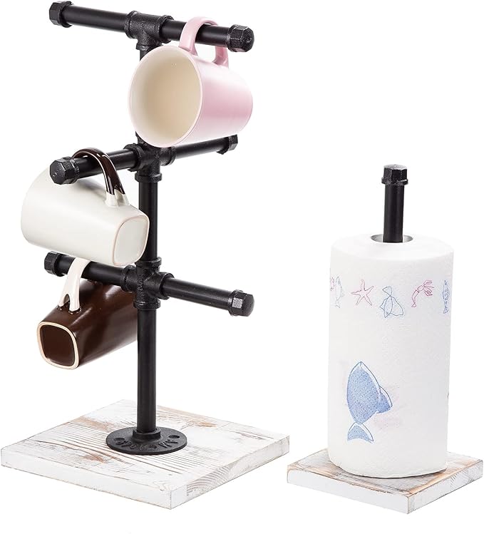 Mug Hanging Rack Kitchen Paper Towel Holder 2 Piece Industrial Black Metal Pipe Rustic White Washed Wooden Base Wood Organizer Multiple Branches Tree Coffee Cups Teacups Tissue Home Counter