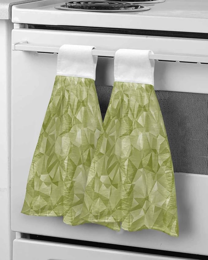Alandar Home Kitchen Tie Towel Set of 2, Sage Green Geometric Art Absorbent Soft Hand Towels for Bathroom Hanging Towels, Abstract Modern Patterns Fast Drying Cleaning Cloth with Loop