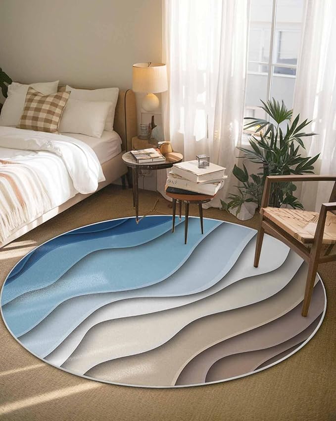 Round Area Rug,Blue Gradient Abstract Geometric Circle Living Room Rug Non-Slip Rugs Indoor Carpet,Water Ripple Stripe Modern Art Soft Comfort Rugs for Bedroom KidsRoom Nursery