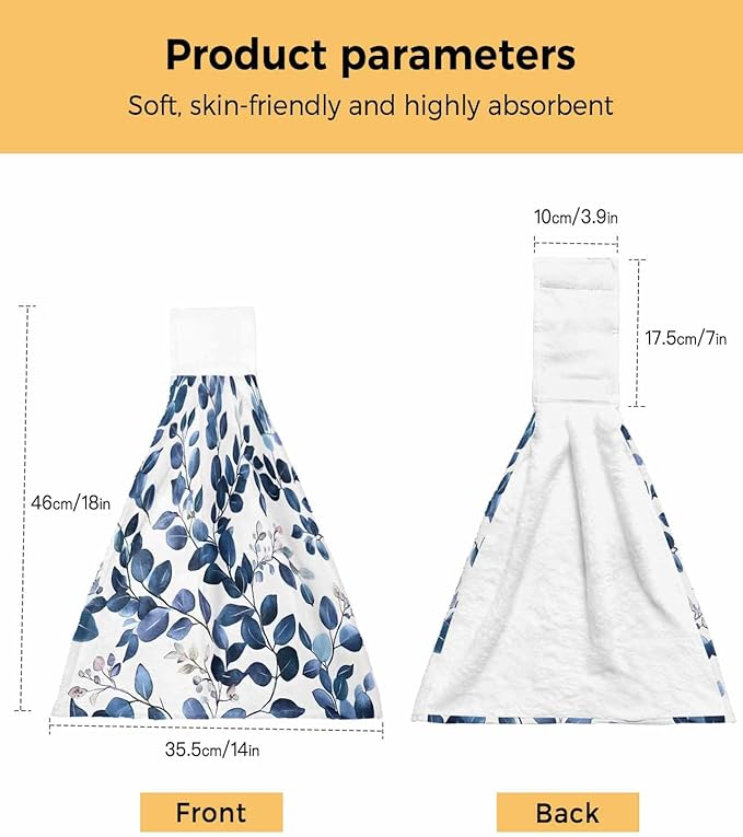 Alandar Home Kitchen Tie Towel Set of 2, Pastoral Eucalyptus Leaves Absorbent Soft Hand Towels for Bathroom Hanging Towels, Navy Blue Botanical On White Fast Drying Cleaning Cloth with Loop