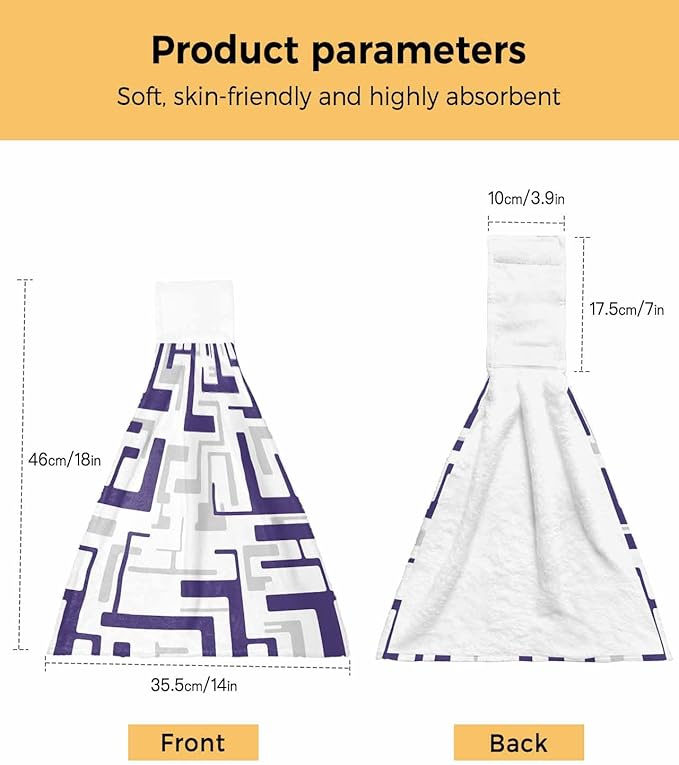Alandar Home Kitchen Tie Towel Set of 2, Modern Abstract Purple Gray Stripes Absorbent Soft Hand Towels for Bathroom Hanging Towels, Geometric Square Art Fast Drying Cleaning Cloth with Loop