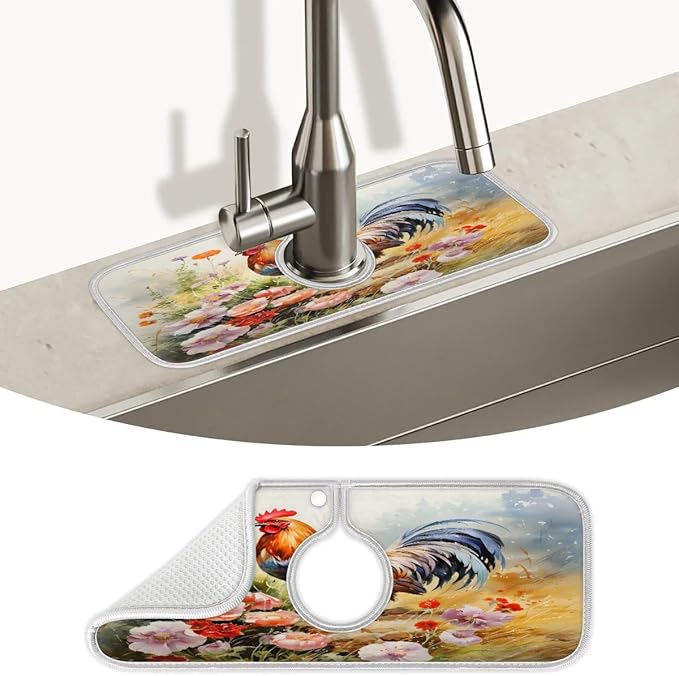 Flowers Animal Rooster Kitchen Sink Splash Guard Absorbent Fast Drying Mat Sink Gadgets Washable Sink Matt for Kitchen Faucet Splash Guard