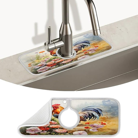 Flowers Animal Rooster Kitchen Sink Splash Guard Absorbent Fast Drying Mat Sink Gadgets Washable Sink Matt for Kitchen Faucet Splash Guard
