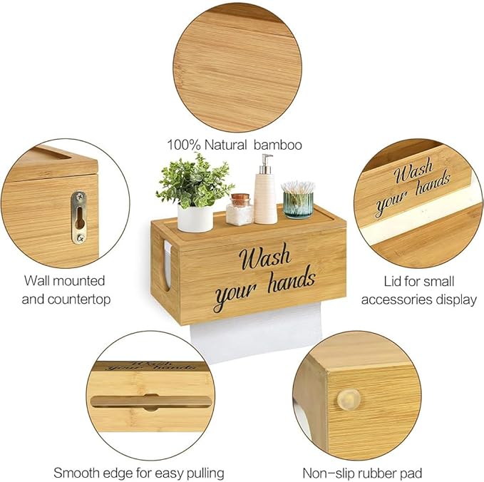 Wood Paper Towel Dispenser Wall Mount, Paper Towel Holder Mounted with Lid for Home and Commercial, Countertop C-Fold, Z-Fold, Trifold Paper Hand Towel Dispenser for Bathroom and Kitchen