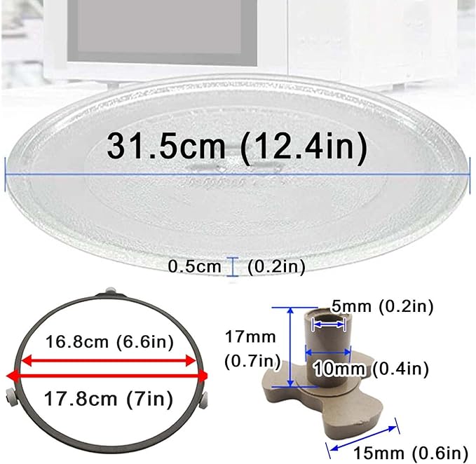 LIGUOYI Round Microwave Glass Turntable Plate with 3 Fixtures, Scratch-Resistants Microwave Glass Plate, 24.5cm 27cm 31.5cm Replacement Microwave Glass Tray, 360° Microwave Turntable Ring