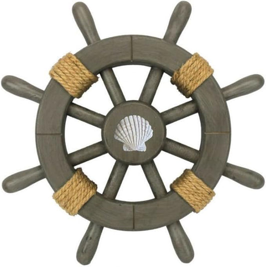Hampton Nautical Decorative Ship Wheel with Seashell, 12", Antique