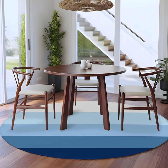 Washable Round Area Rug Minimalist Blue White Ombre Stripe Circle Rugs Floor Carpet for Living Room Bedroom, Modern Gradient Art Soft Non Slip Round Rug 5ft