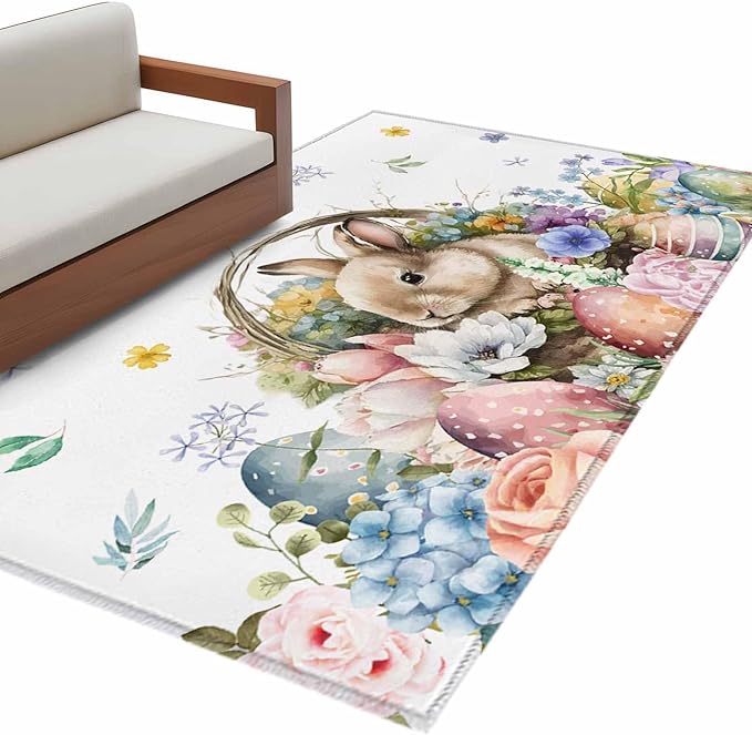 Area Rug 4x6ft, Easter Egg Spring Flower Cute Rabbit Washable Rugs for Living Room Bedroom, Blossom Floral on White Soft Non-Slip Area Rugs Rectangle Floor Carpet for Dining Room